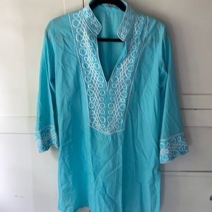 Barbara Gerwit beach tunic 30" length size sky blue with embroidery